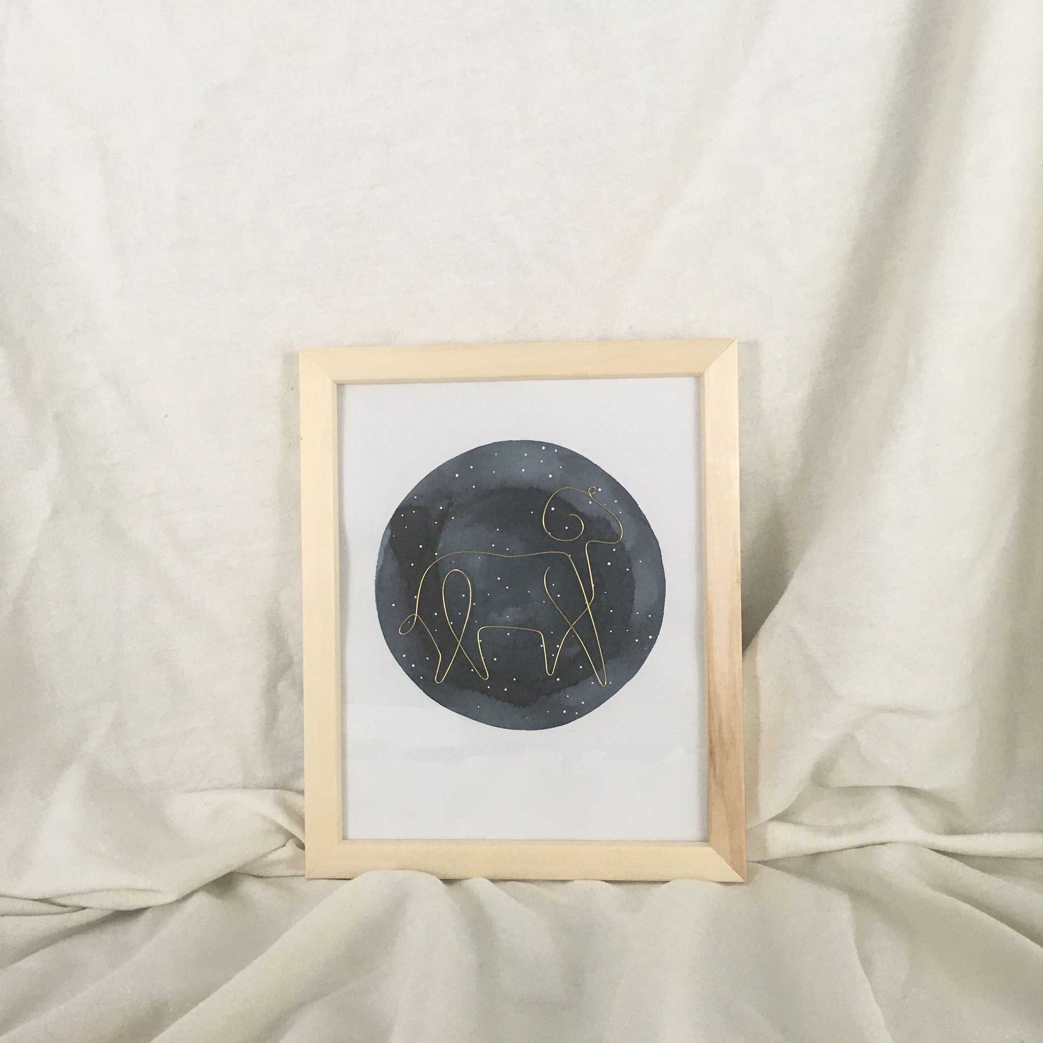 Aries wire art - natural frame, gold wire