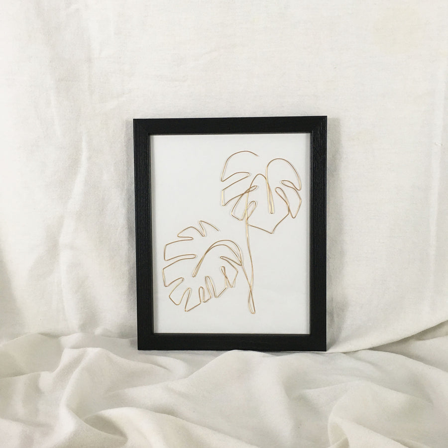 Double Monstera Wire Art - black frame, gold wire