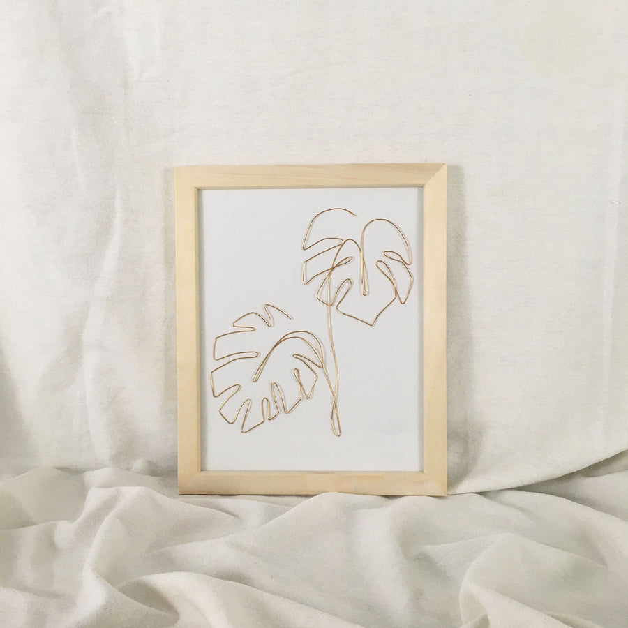 Double Monstera Wire Art - natural frame, gold wire